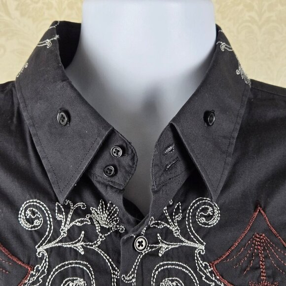 Milano Moda Size 2XL Button Up Shirt Black with White Brown Embroidery - Picture 3 of 13